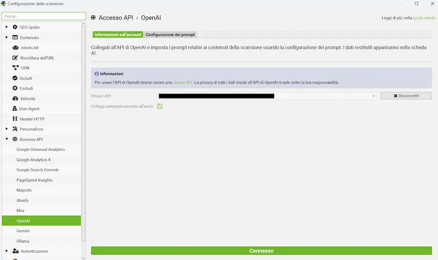 La configurazione delle API di OpenAI su Screaming Frog